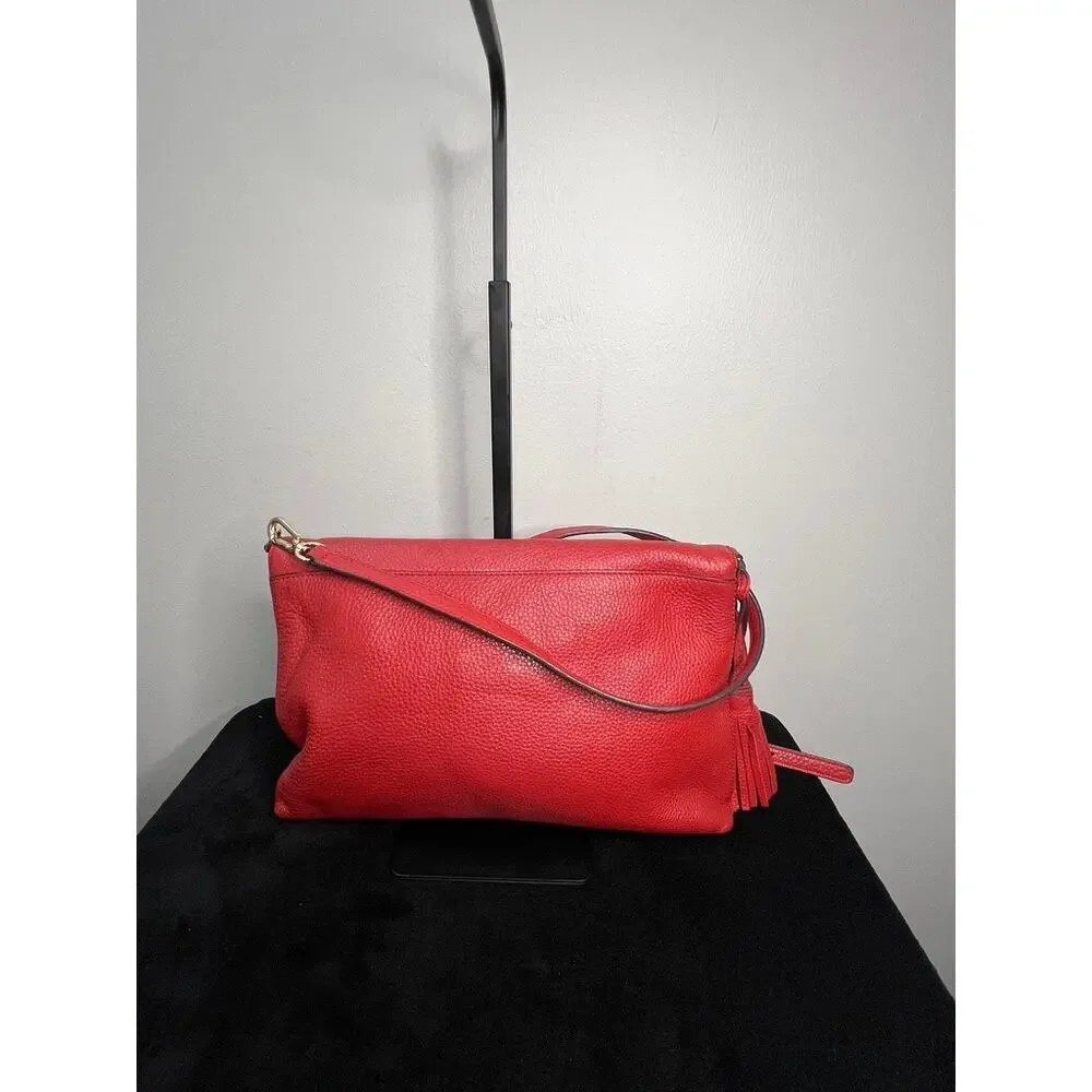 Tory Burch Pebbled Leather Foldover Crossbody Red Coral Tassel Shoulder Purse